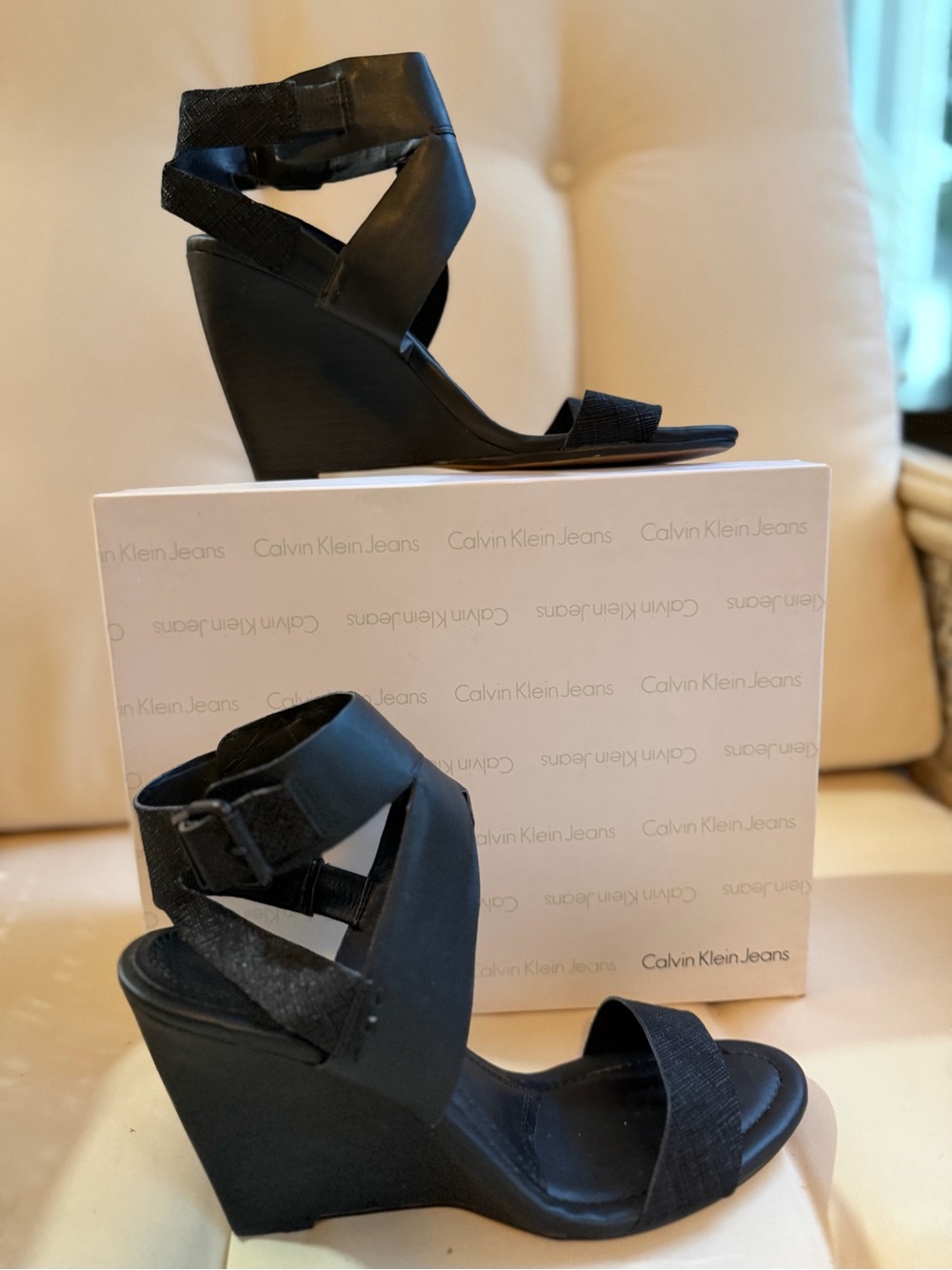 Calvin Klein Jeans Black Leather Wedge Sandals with Ankle Wrap